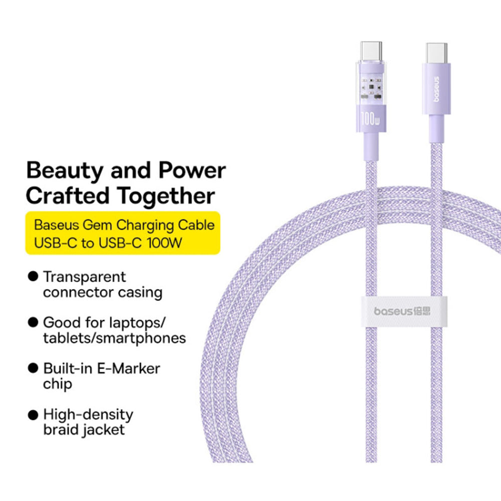 Kabl za prenos podataka i punjenje USB-C - USB-C Baseus Gem, 100W, 1m, Ljubičasti P10373000511-00