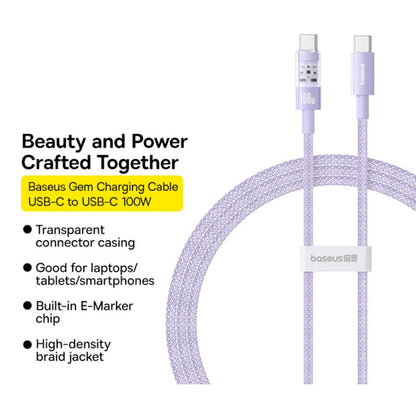 Kabl za prenos podataka i punjenje USB-C - USB-C Baseus Gem, 100W, 1m, Ljubičasti P10373000511-00