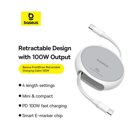 Kabl za prenos podataka i punjenje USB-C - USB-C Baseus Pathfinder Retractable, 100W, 1m, Beli P10368400211-00