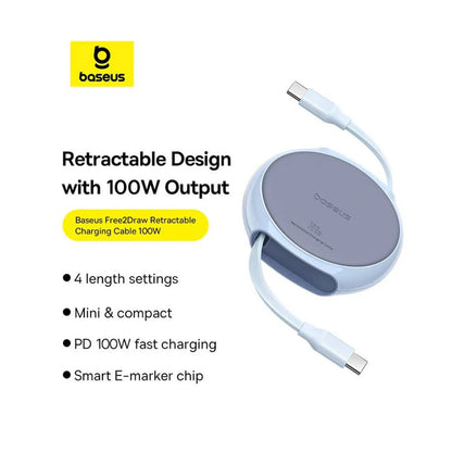 Kabl za prenos podataka i punjenje USB-C - USB-C Baseus Pathfinder Retractable, 100W, 1m, Plavi P10368400311-00