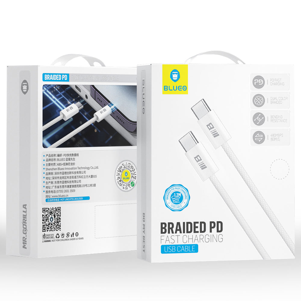 Kabl za prenos podataka i punjenje USB-C - USB-C Blueo, 100W, 1.2m, Beli