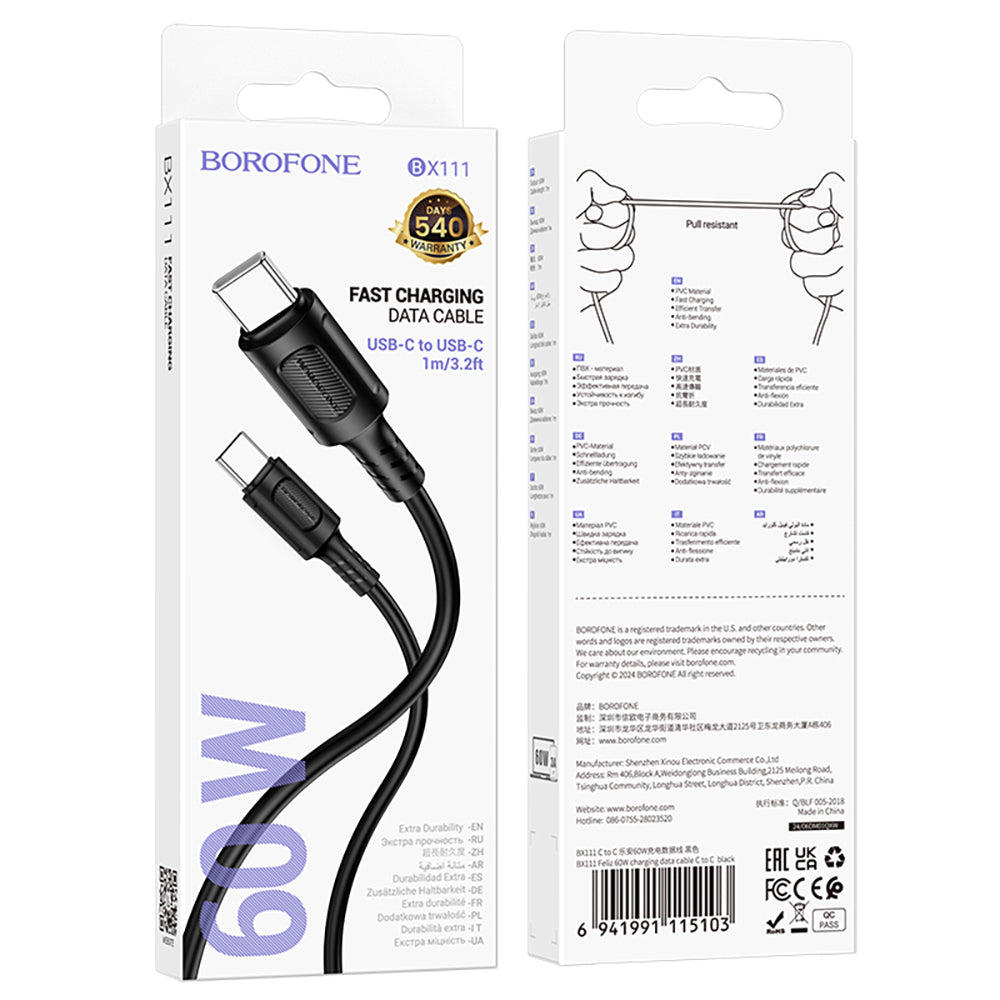 Kabl za podatke i punjenje USB-C - USB-C Borofone BX111 Feliz, 60W, 1m, Crni