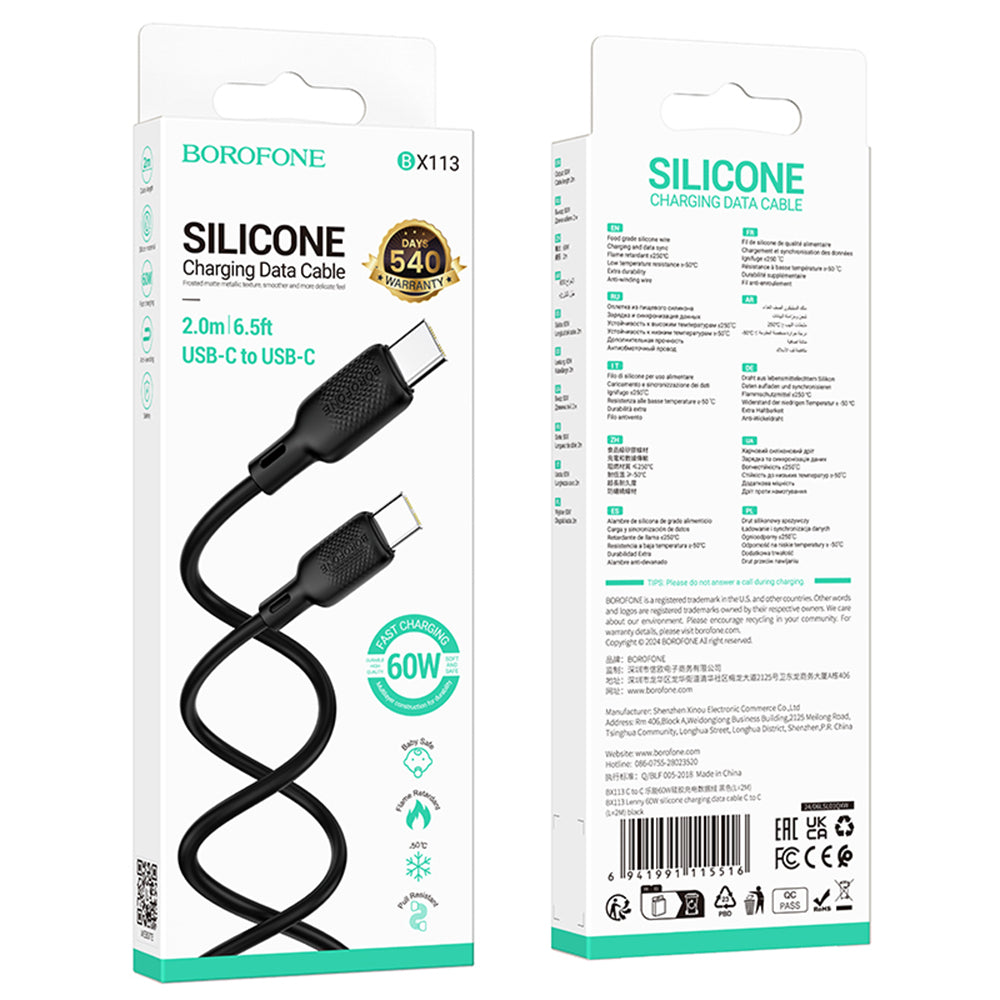 Kabl za prenos podataka i punjenje USB-C - USB-C Borofone BX113 Lenny, 60W, 2m, Crni