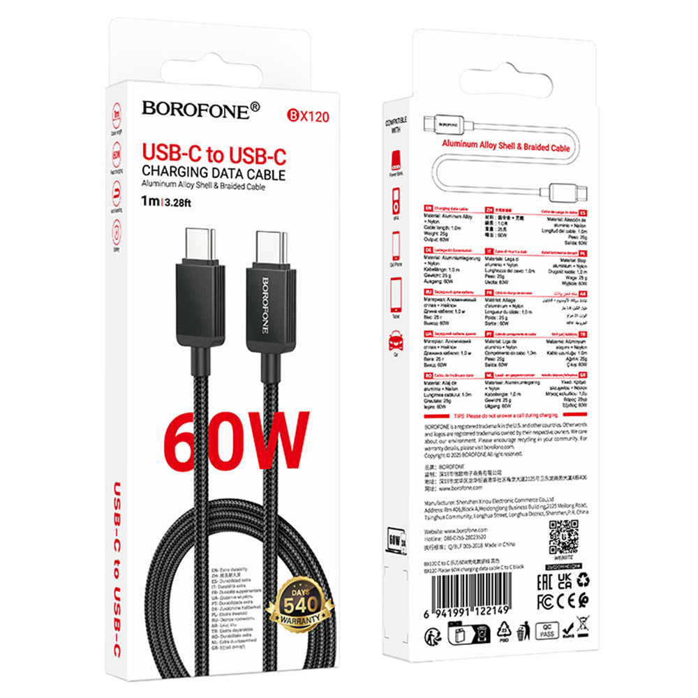 Kabl za Prenos Podataka i Punjenje USB-C - USB-C Borofone BX120 Placer, 60W, 1m, Crni