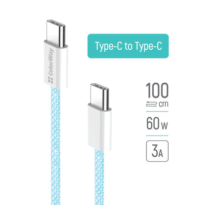 Kabl za Prenos Podataka i Punjenje USB-C - USB-C ColorWay CW-CBPDCC061, 60W, 1m, Plavi