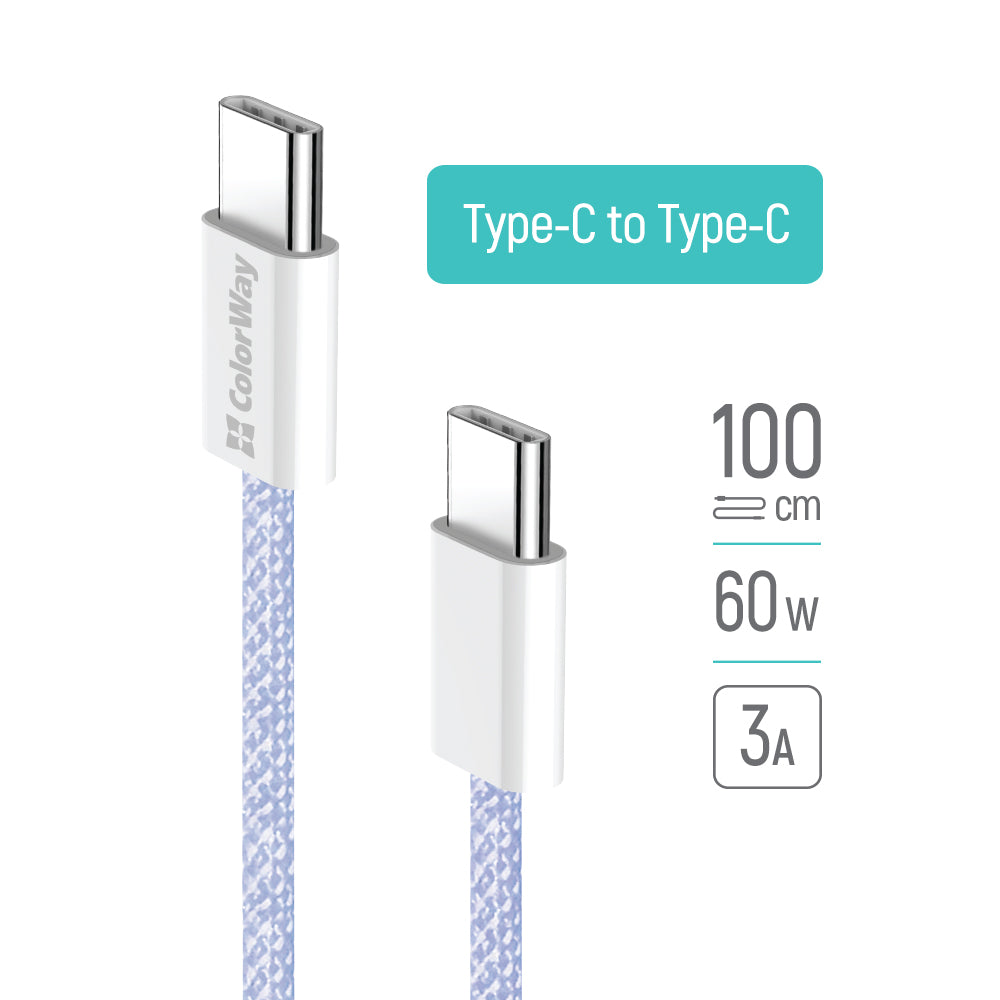 Kabl za prenos podataka i punjenje USB-C - USB-C ColorWay CW-CBPDCC061, 60W, 1m, Ljubičasti