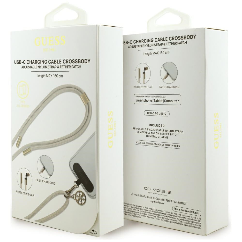 Kabl za prenos podataka i punjenje USB-C - USB-C Guess CBDY 4G Charm, 100W, 1.5m, Bež
