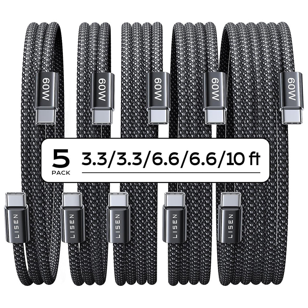 Kabl za prenos podataka i punjenje USB-C - USB-C Lisen, 60W, Set 5 komada (2 x 1m, 2 x 2m, 1 x 3m), Crni YL0123070010