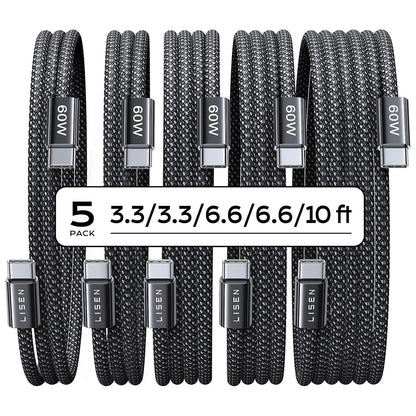 Kabl za prenos podataka i punjenje USB-C - USB-C Lisen, 60W, Set 5 komada (2 x 1m, 2 x 2m, 1 x 3m), Crni YL0123070010
