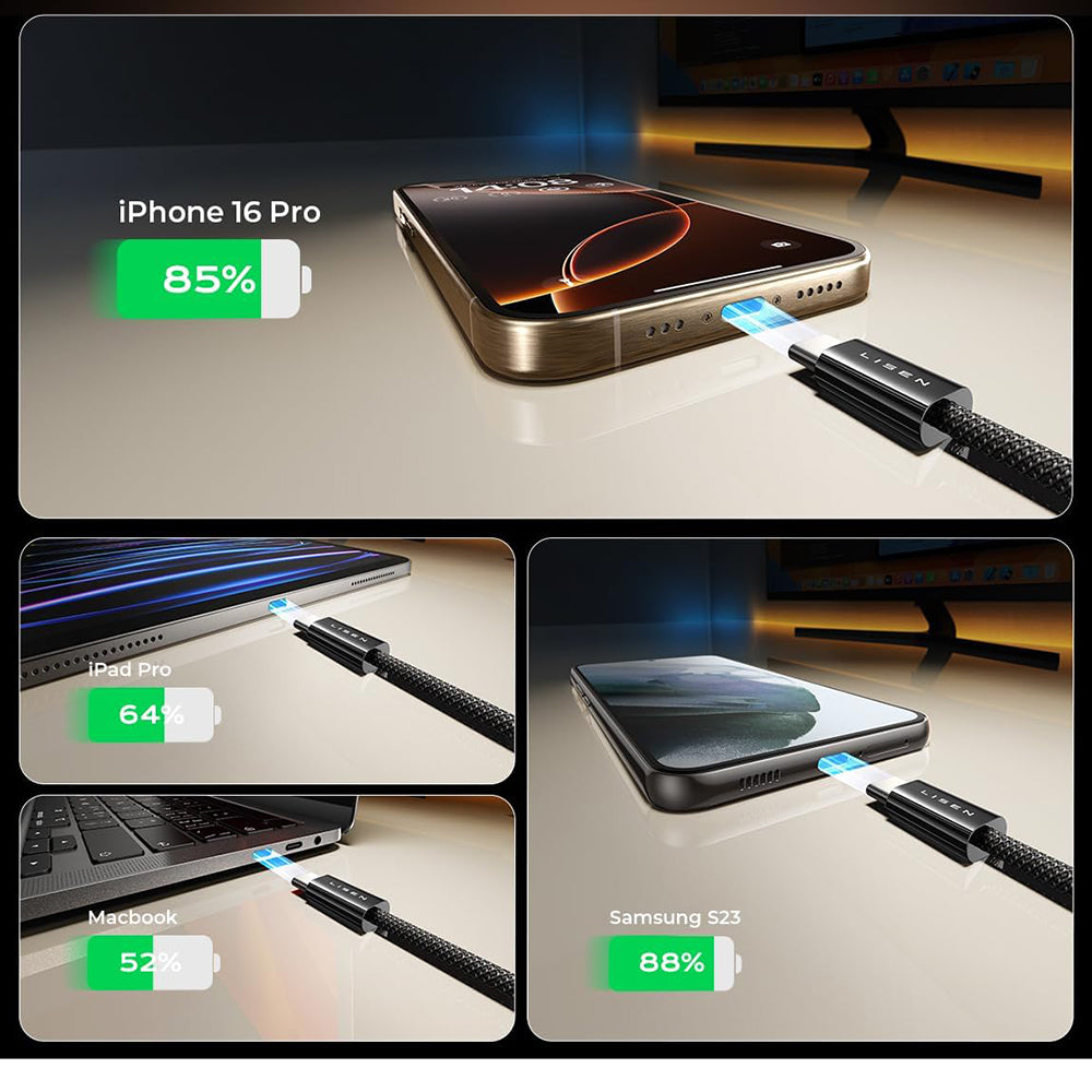 Kabl za prenos podataka i punjenje USB-C - USB-C Lisen, 60W, Set 5 komada (2 x 1m, 2 x 2m, 1 x 3m), Crni YL0123070010