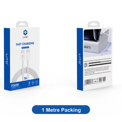 Kabl za Prenos Podataka i Punjenje USB-C - USB-C Lito LD04CC, 60W, 1m, Beli