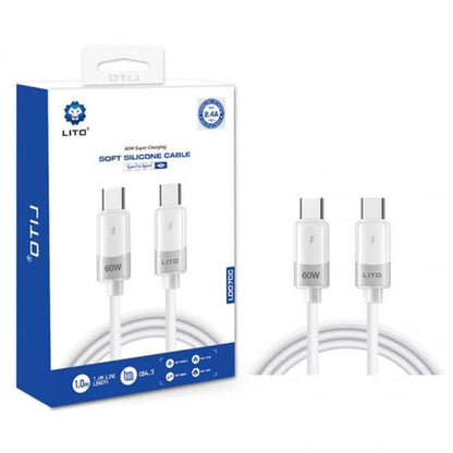 Kabl za Prenos Podataka i Punjenje USB-C - USB-C Lito LD07, 60W, 1m, Beli