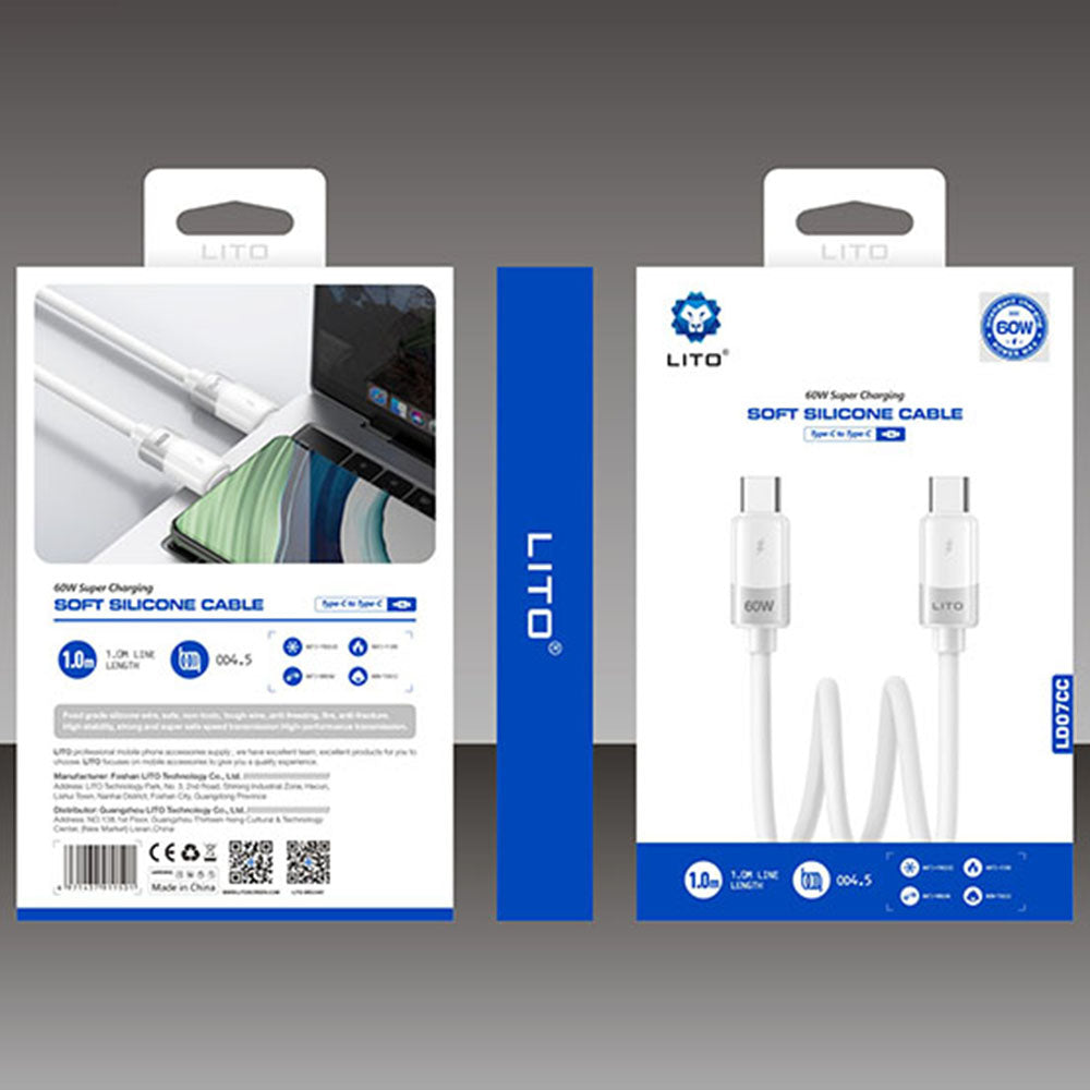 Kabl za Prenos Podataka i Punjenje USB-C - USB-C Lito LD07, 60W, 1m, Beli