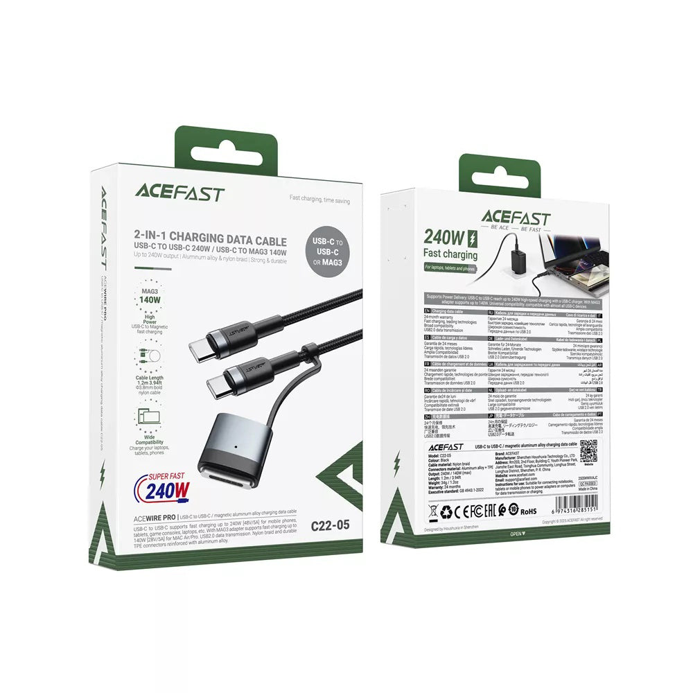 Kabl za punjenje Acefast, USB-C - USB-C / MagSafe 3, 240W, 1.2m, Crni