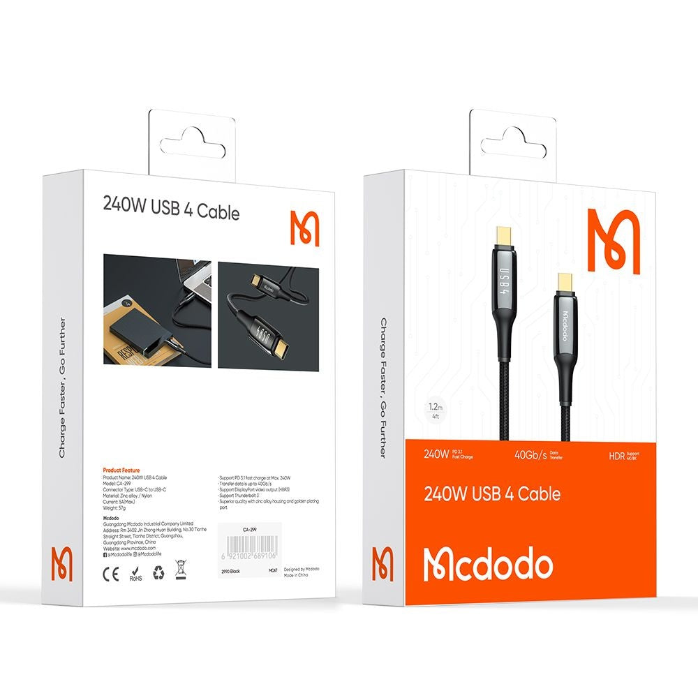 Kabl za prenos podataka i punjenje USB-C - USB-C McDodo CA-2990, 240W, 1.2m, Crni