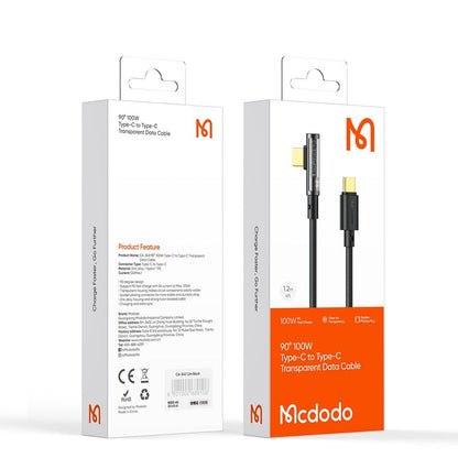 Kabl za prenos podataka i punjenje USB-C - USB-C McDodo CA-3400 Angled, 100W, 1.2m, Crni