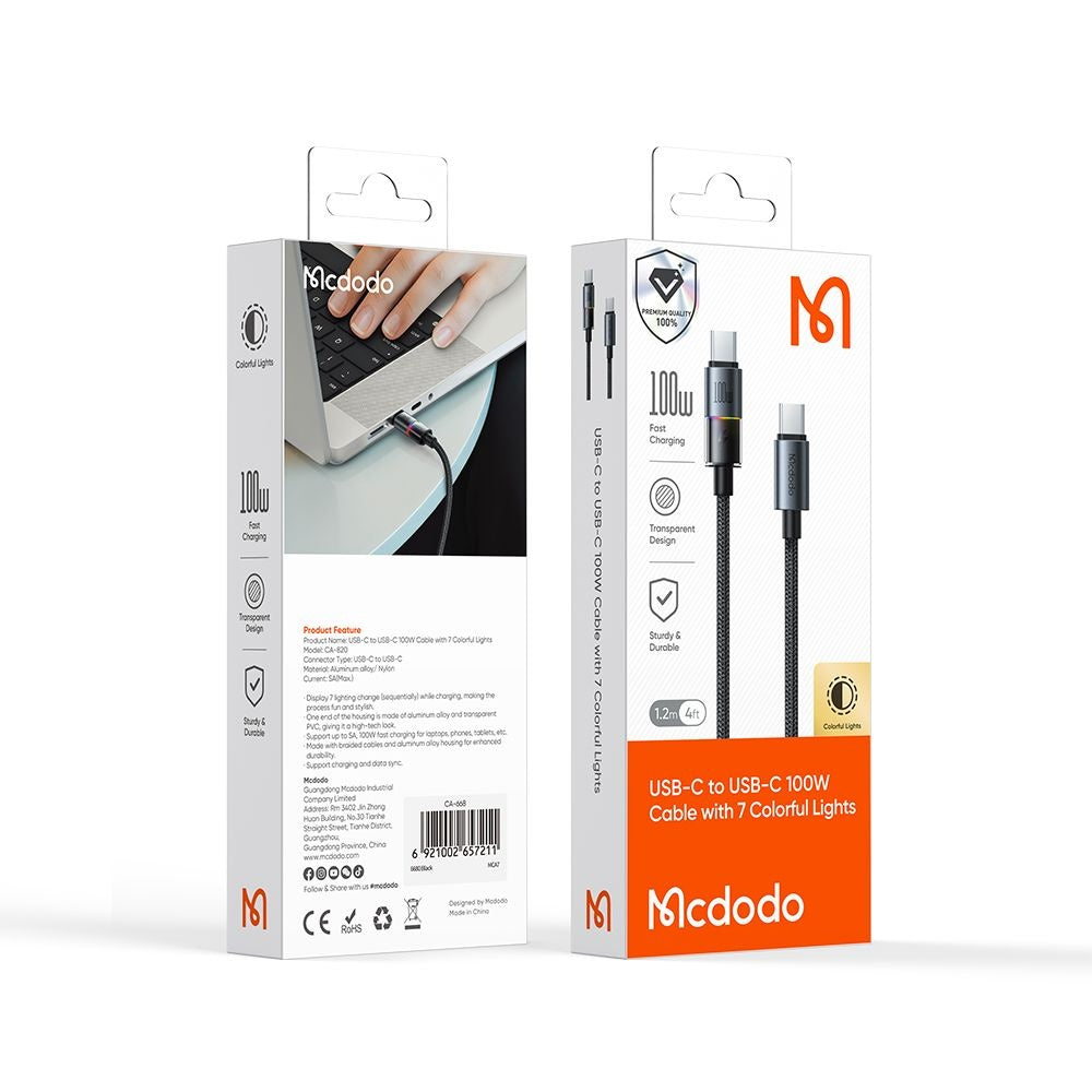 Kabl za podatke i punjenje USB-C - USB-C McDodo CA-8200 Colorful, 100W, 1.2m, Crni