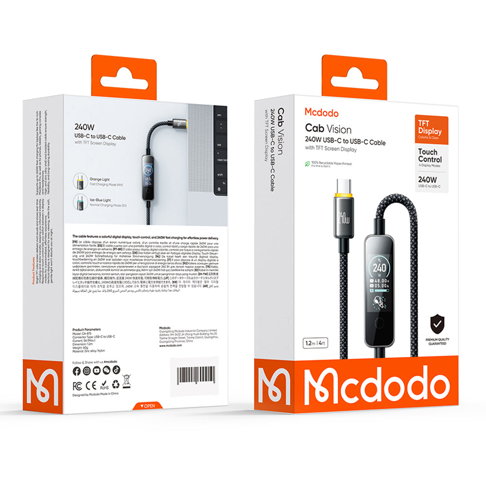 USB-C - USB-C McDodo CA-8750 Display, 240W, 1.2m, Crna, Kabl za Prenos Podataka i Punjenje