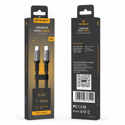 USB-C kabl za prenos podataka i punjenje - USB-C Techsuit TitanSync Pro CX2, 240W, 1m, Siva