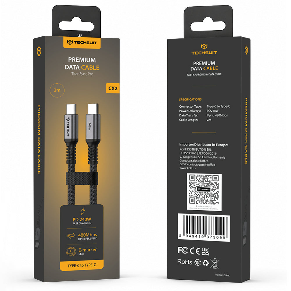 USB-C kabl za prenos podataka i punjenje - USB-C Techsuit TitanSync Pro CX2, 240W, 2m, Siva