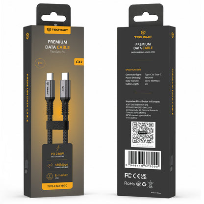 USB-C kabl za prenos podataka i punjenje - USB-C Techsuit TitanSync Pro CX2, 240W, 2m, Siva