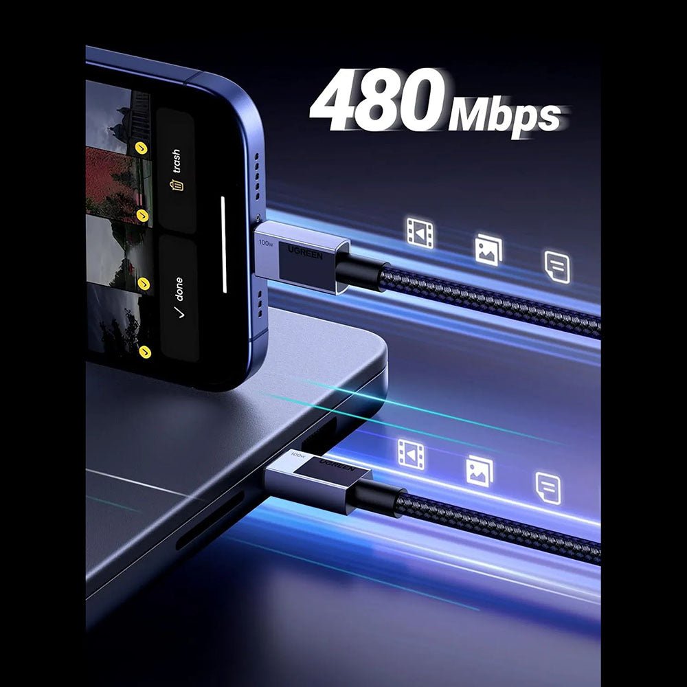 Kabl za prenos podataka i punjenje USB-C - USB-C UGREEN L512, 100W, 1m, Sivi