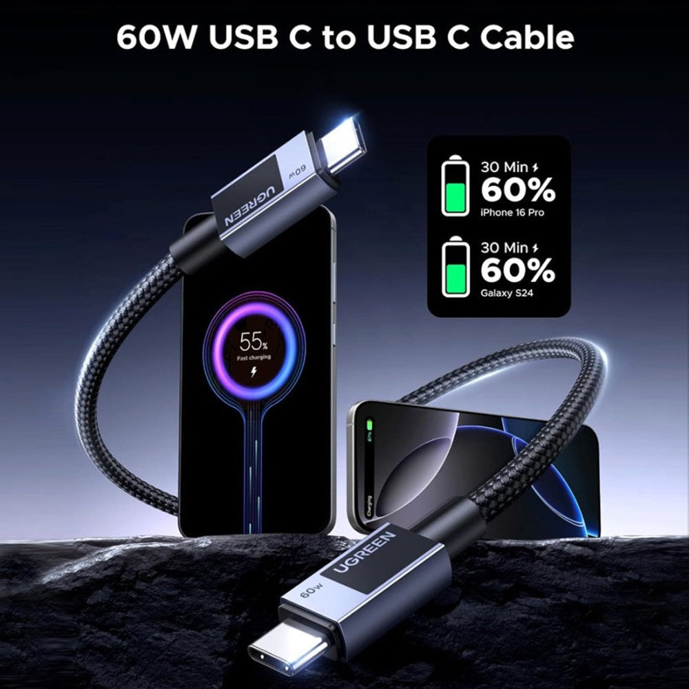 Kabl za podatke i punjenje USB-C - USB-C UGREEN L524, 60W, 1m, Sivi