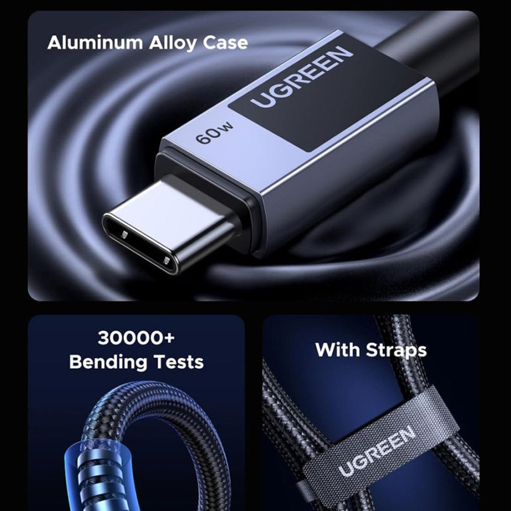 Kabl za podatke i punjenje USB-C - USB-C UGREEN L524, 60W, 1m, Sivi