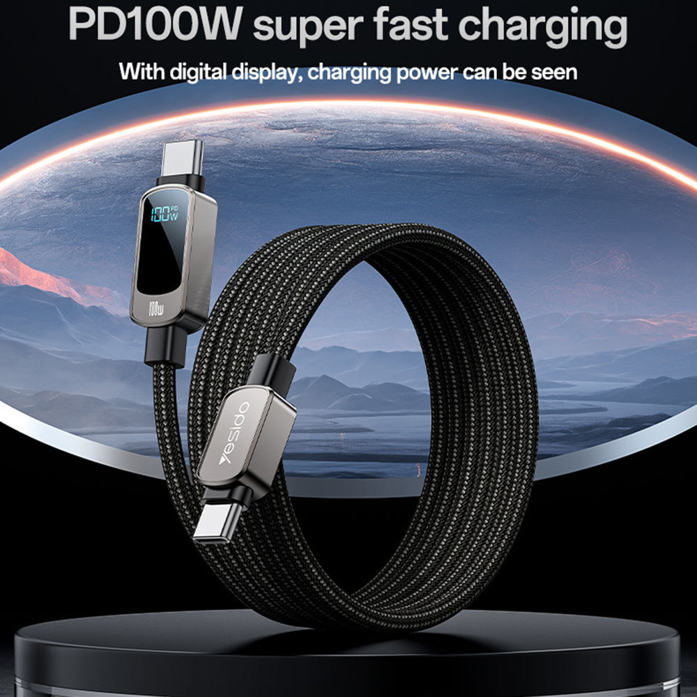 Kabl za prenos podataka i punjenje USB-C - USB-C Yesido CA179 Display, 100W, 1.2m, Crni