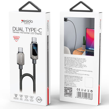 Kabl za prenos podataka i punjenje USB-C - USB-C Yesido CA179 Display, 100W, 1.2m, Crni