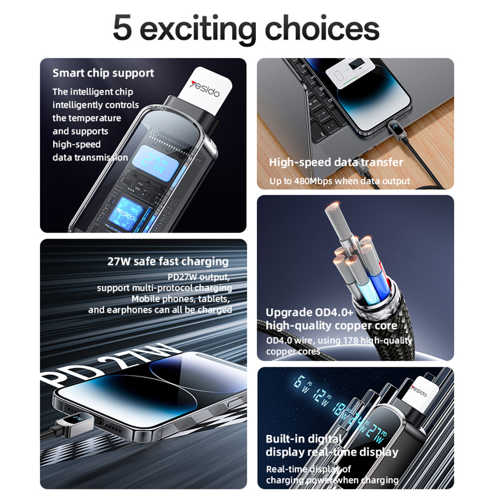 Kabl za podatke i punjenje USB-C - USB-C Yesido CA180 Display, 27W, 1.2m, Crni