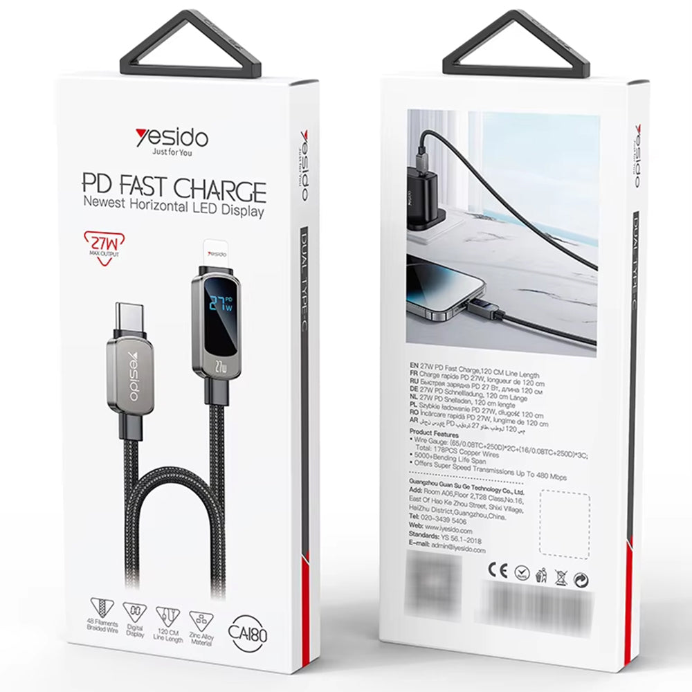 Kabl za podatke i punjenje USB-C - USB-C Yesido CA180 Display, 27W, 1.2m, Crni