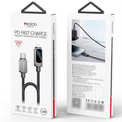 Kabl za podatke i punjenje USB-C - USB-C Yesido CA180 Display, 27W, 1.2m, Crni