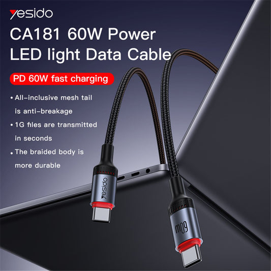 Kabl za prenos podataka i punjenje USB-C - USB-C Yesido CA181, 60W, 1.2m, Crni