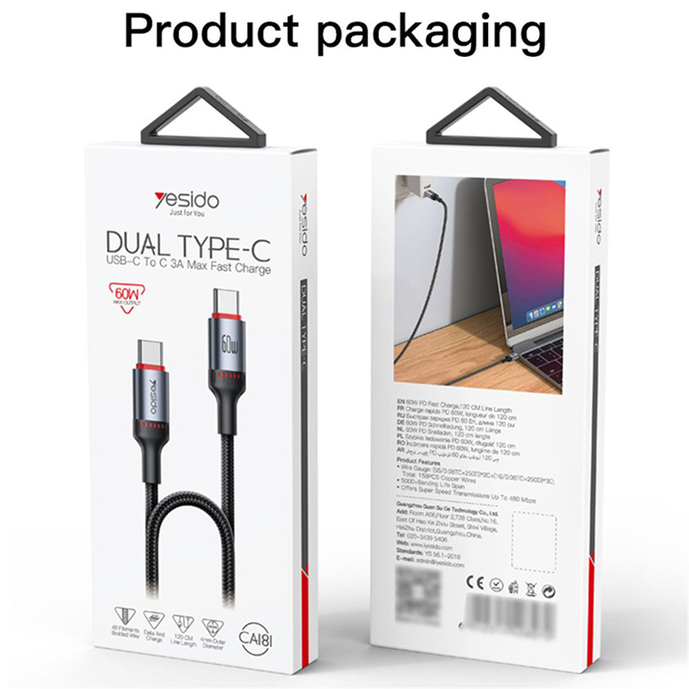 Kabl za prenos podataka i punjenje USB-C - USB-C Yesido CA181, 60W, 1.2m, Crni