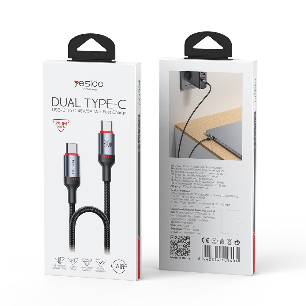 Kabl za prenos podataka i punjenje USB-C - USB-C Yesido CA185, 240W, 1.2m, Crni