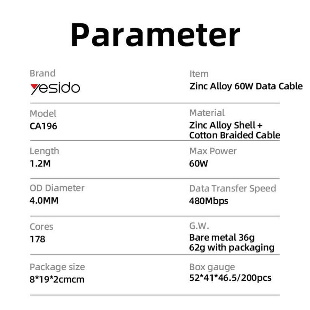 Kabl za prenos podataka i punjenje USB-C - USB-C Yesido CA196, 60W, 1.2m, Crni