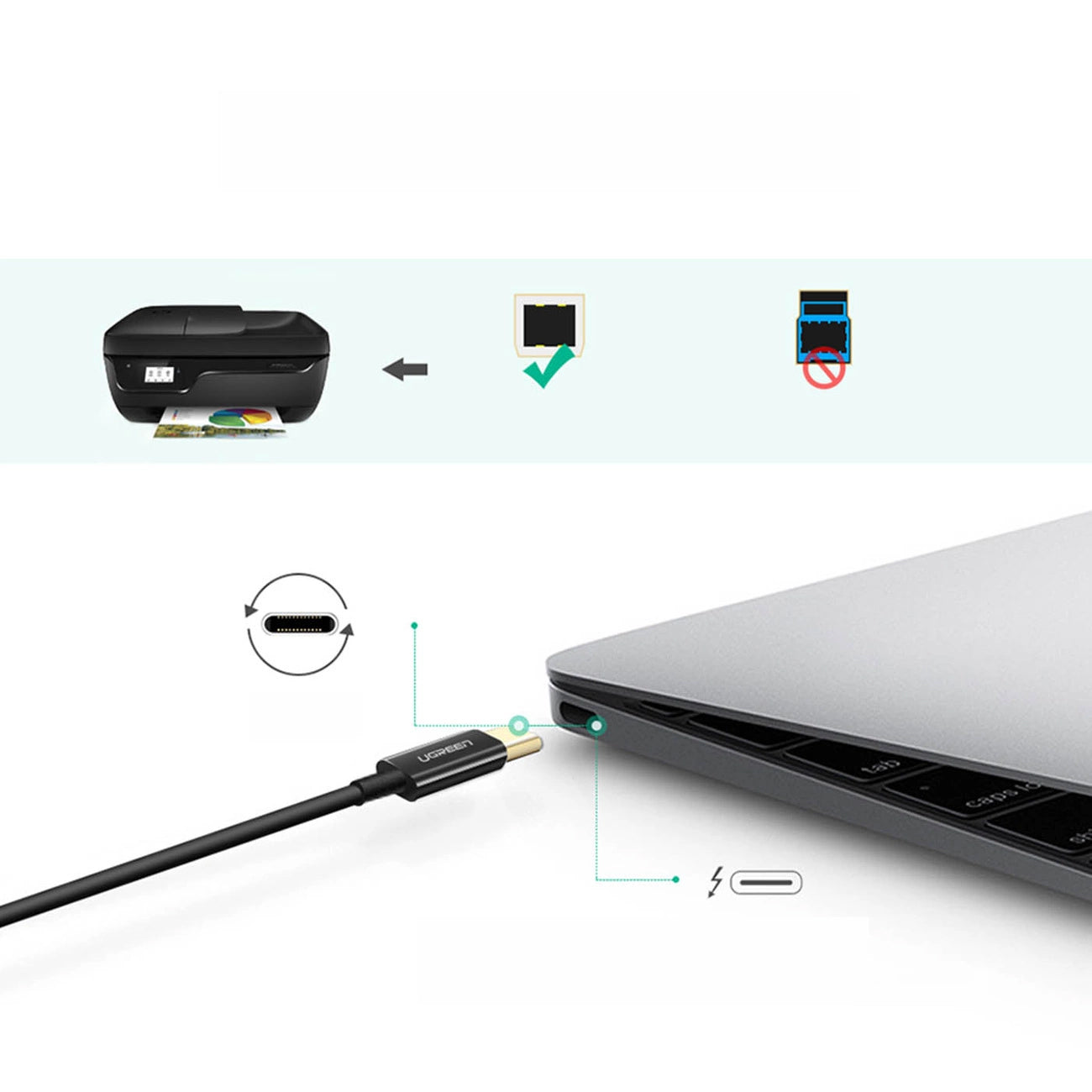 Kabel za pisač UGREEN US241, USB-C - USB-B, 2m, Crni