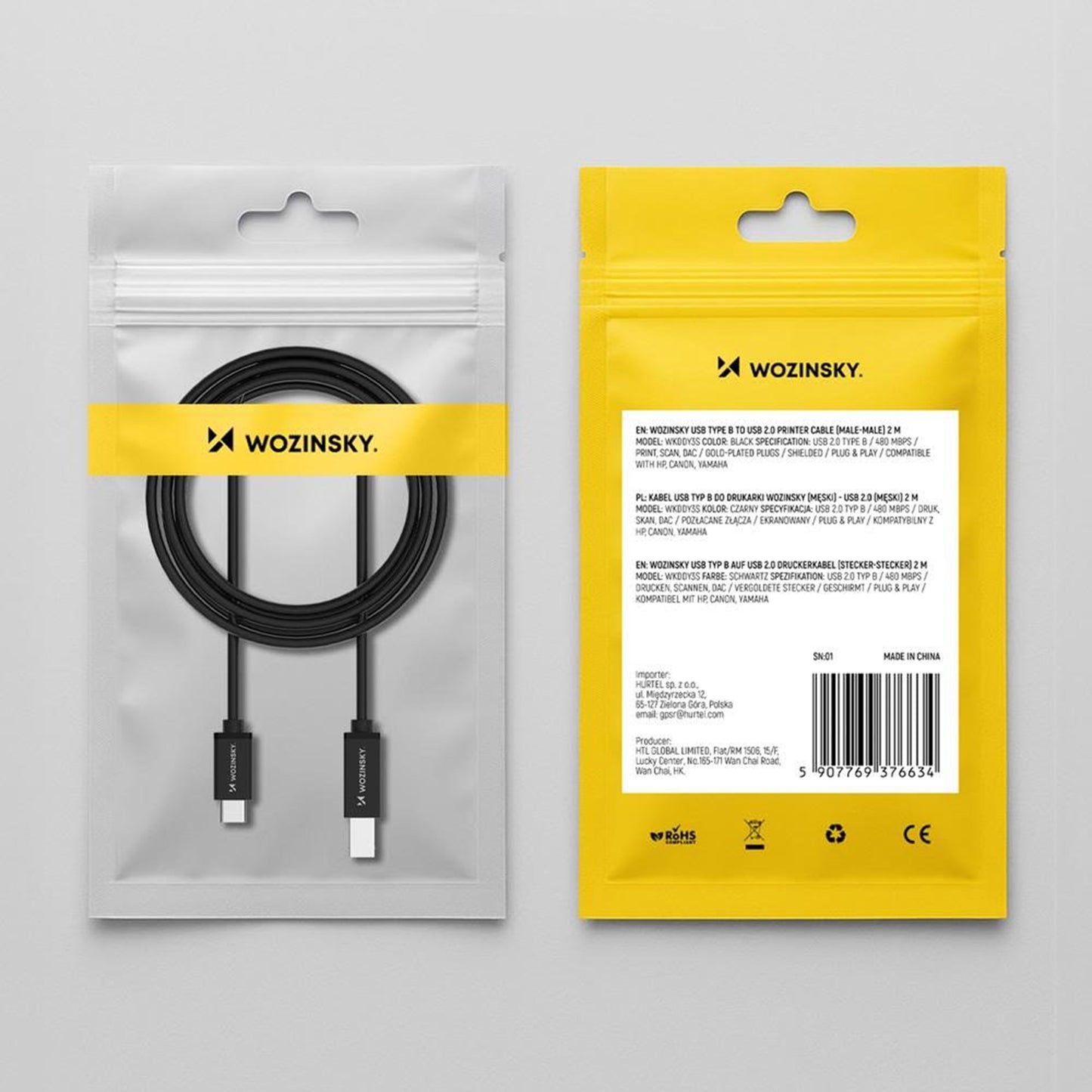 Kabl za štampač WZK WKDDY1S, USB-C - USB-B, 1m, Crni