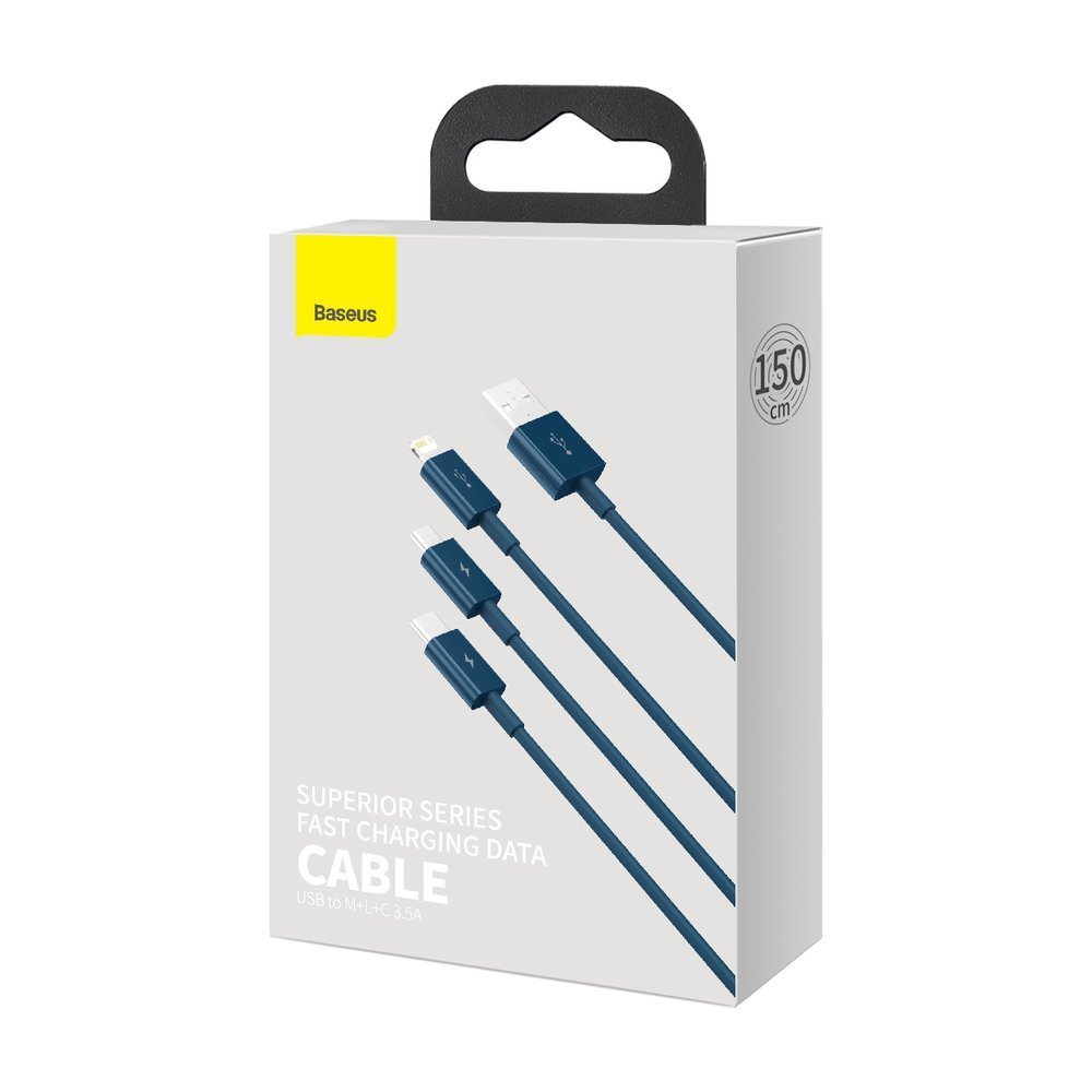 Charging Cable USB-A - Lightning / microUSB / USB-C Baseus Superior 3in1 Series, 20W, 1.5m, Blue CAMLTYS-03 