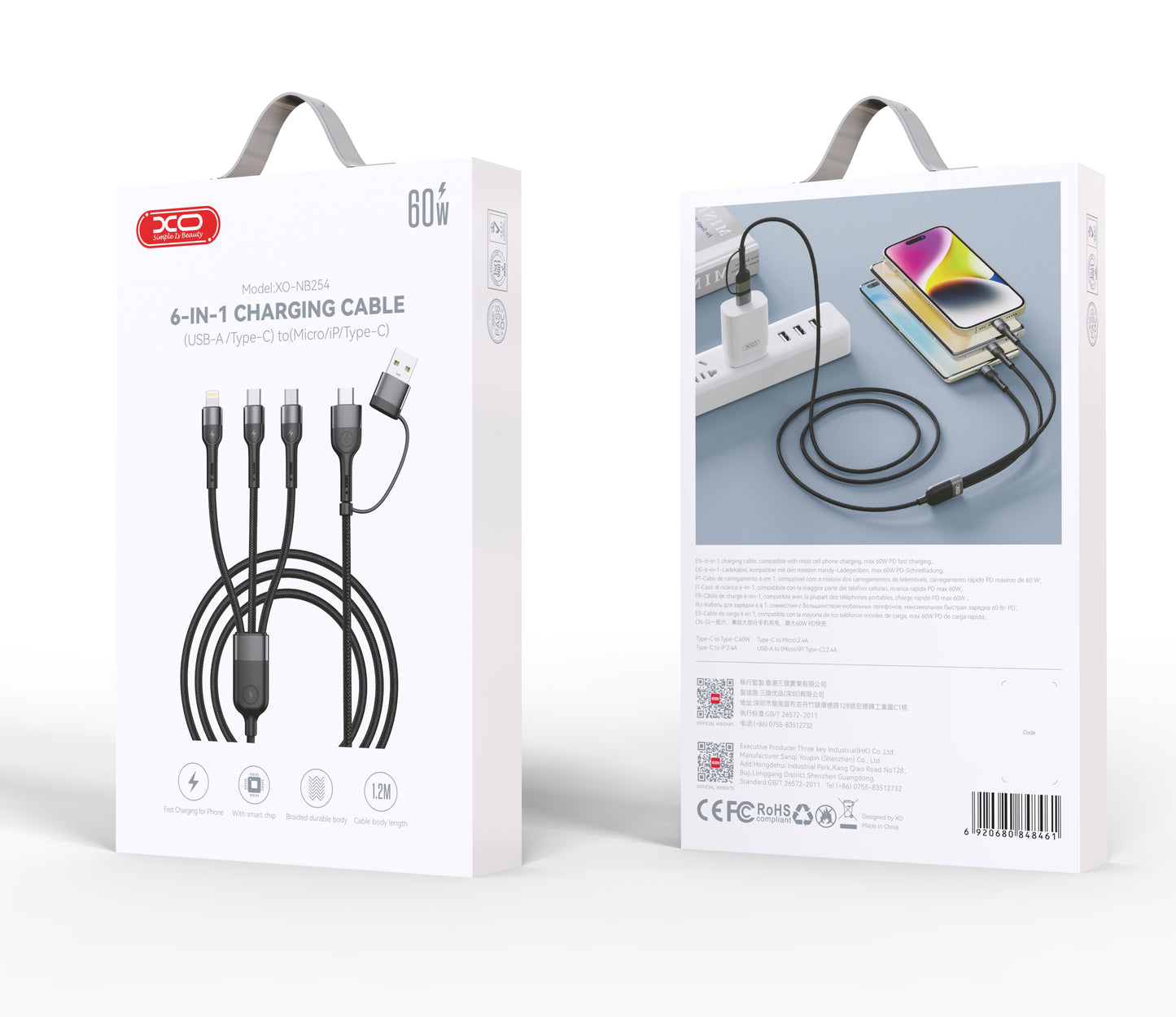 Kabl za punjenje USB-A / USB-C - Lightning / microUSB / USB-C XO Design NB254 3u1, 60W, 1.2m, Crni