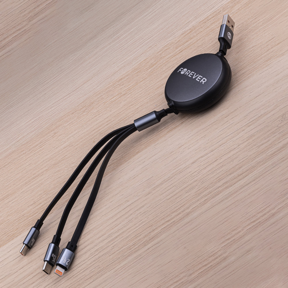 Kabel za punjenje USB-A - Lightning / 2 x USB-C Forever 3u1, 100W, 1.2m, Crni