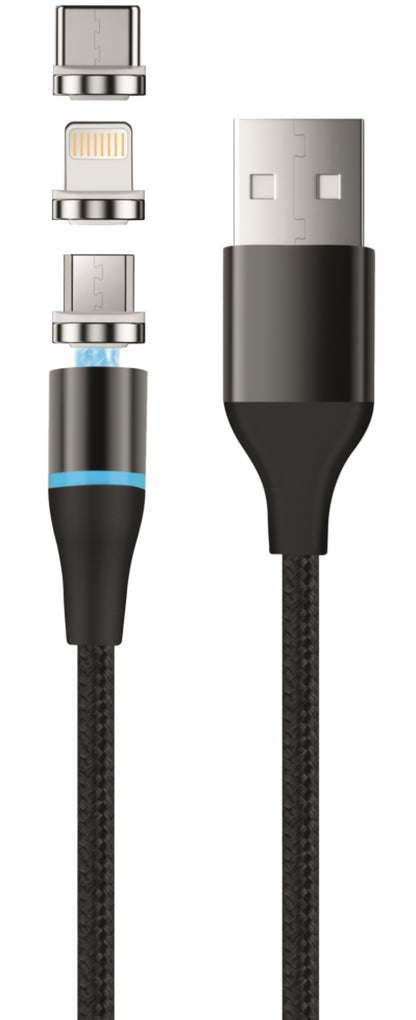 Kabl za punjenje USB-A - Lightning / microUSB / USB-C Setty Magnetic DT 3in1, 12.5W, 1m, Crni