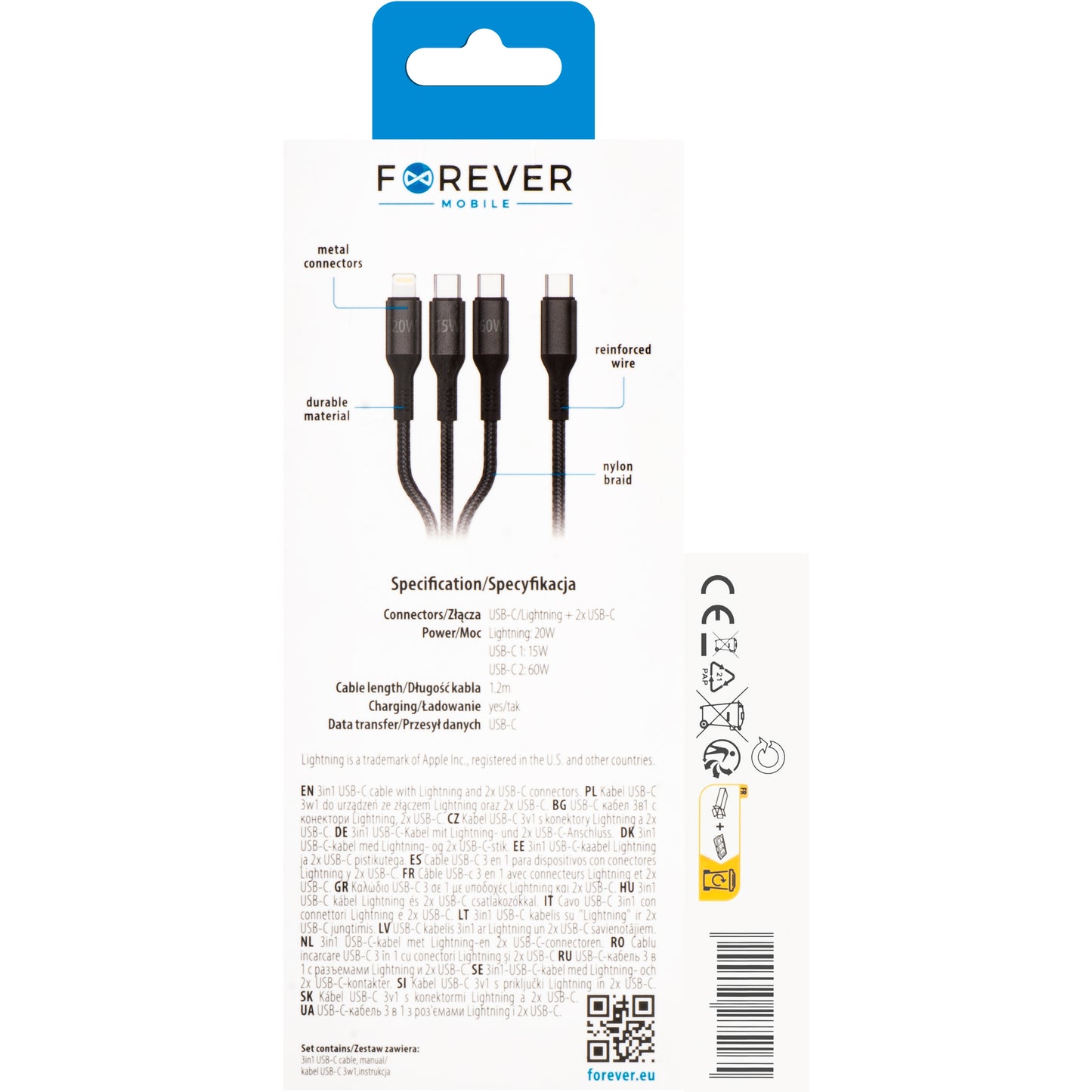 Kabel za punjenje USB-A - Lightning / 2 x USB-C Forever 3u1, 60W, 1.2m, Crni
