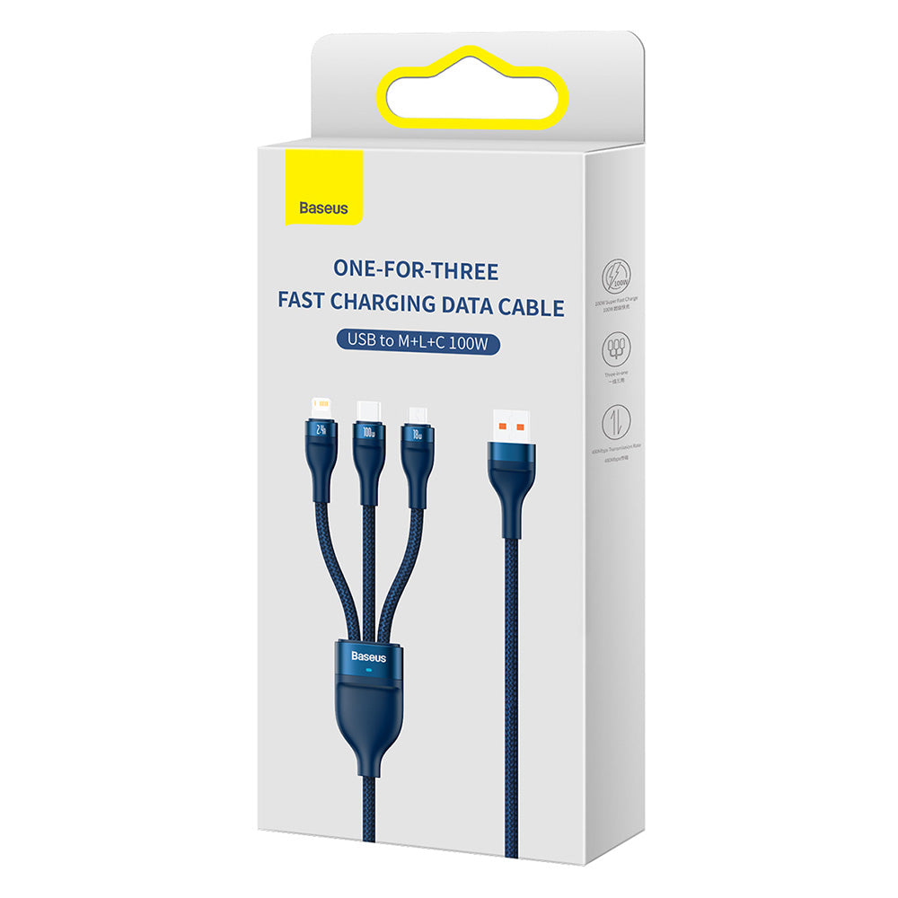 Kabl za punjenje USB-A - Lightning / microUSB / USB-C Baseus Flash Series II 3in1, 100W, 1.2m, Plavi CASS030003