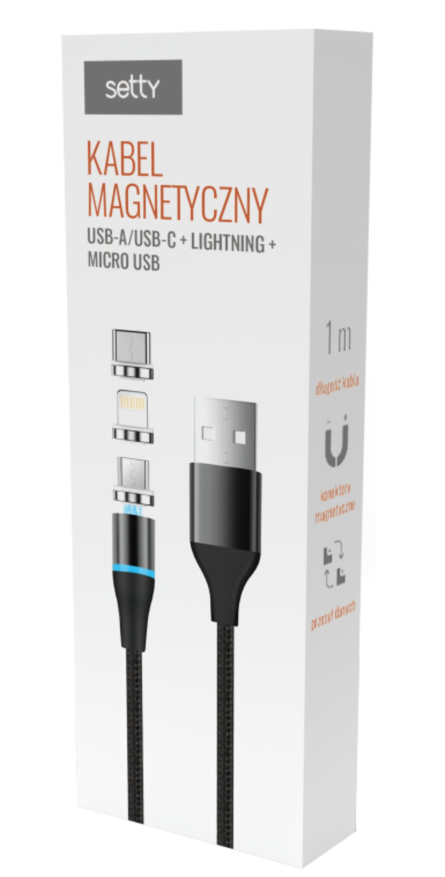 Kabl za punjenje USB-A - Lightning / microUSB / USB-C Setty Magnetic DT 3in1, 12.5W, 1m, Crni