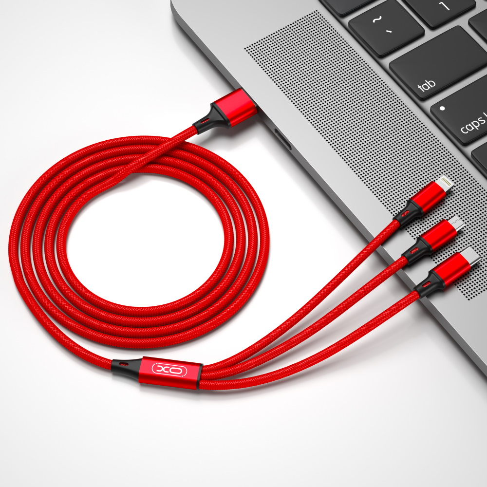 Kabl za punjenje USB-A - Lightning / microUSB / USB-C XO Design NB173 3in1, 18W, 1.2m, Crveni