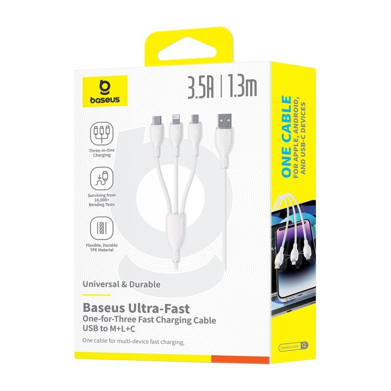 USB-A kabl za punjenje - Lightning / microUSB / USB-C Baseus Ultra Fast 3in1, 18W, 1.3m, Bela P10376303211-00