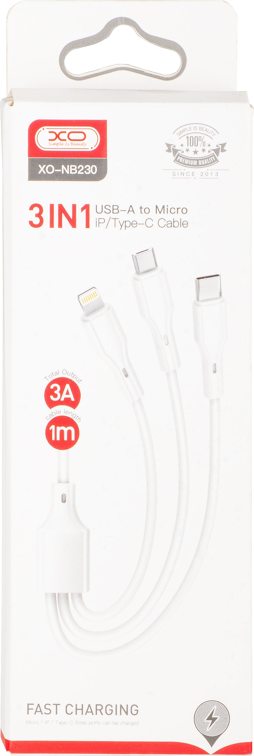 Kabl za punjenje USB-A - Lightning / microUSB / USB-C XO Design NB230 3u1, 20W, 1m, Bela