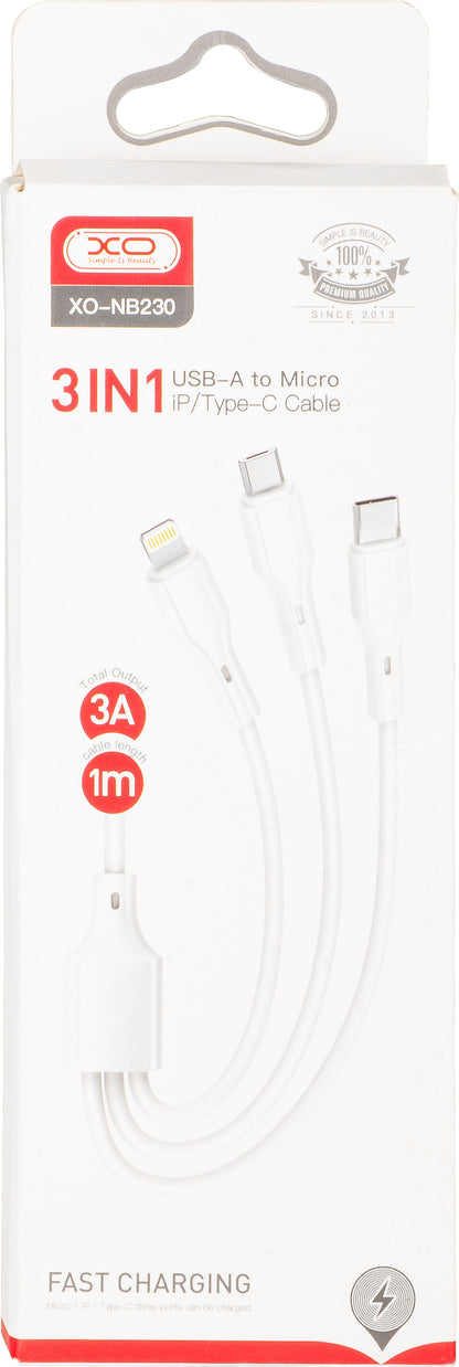 Kabl za punjenje USB-A - Lightning / microUSB / USB-C XO Design NB230 3u1, 20W, 1m, Bela